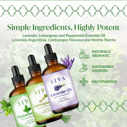 Vista 2 de Siva - Paquete de aceite esencial de lavanda, menta y citronela, 4 onzas, súper ahorrador, juego de calidad premium para aromaterapia, masaje