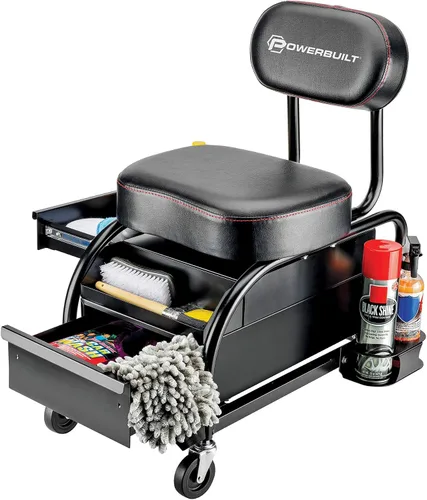 Vista 4 de Powerbuilt Asiento de rodillo profesional para detalladores de automóviles y mecánicos, taburete de garaje resistente con asiento y respaldo