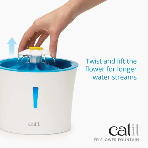 Vista 4 de Catit Fuente de flores LED con filtro de triple acción, fuente de agua potable para gatos, 3 L