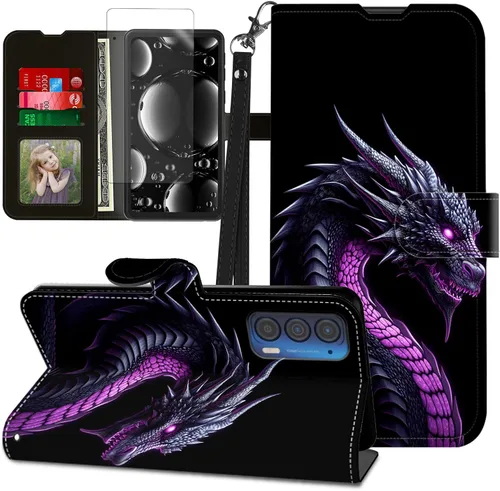 Vista 390 de Funda para Motorola Edge 2022 con protector de pantalla, soporte y tarjetero y correa para la muñeca, funda magnética para Moto Edge 2022 5G UW Lobo