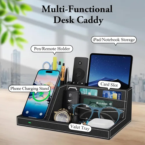 Vista 6 de TopMade Organizador de mesita de noche de escritorio con cargador inalámbrico, soporte de cuero para bolígrafos, accesorios de oficina, estación