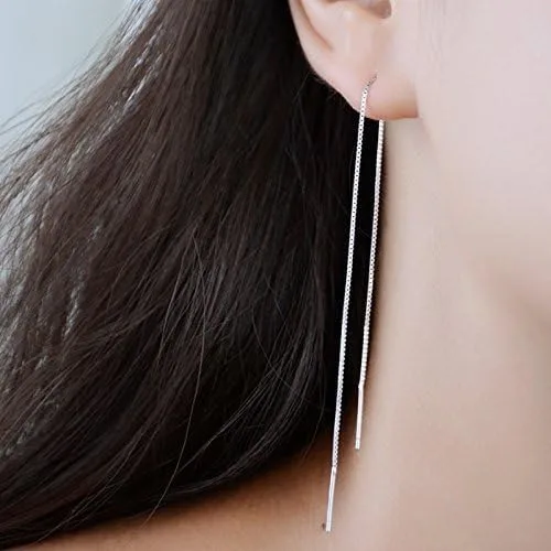 Vista 2 de A Pair 925 Sterling Silver Tassel Threader Drop Earrings Long Chain Ear Line