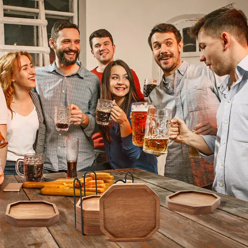 Vista 7 de Juego de 6 posavasos rústicos de madera con soporte