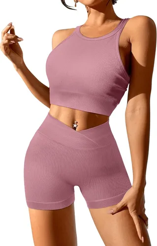 Vista 2 de JZC Conjuntos de entrenamiento para mujer, 2 piezas, acanalados, sin costuras, pantalones cortos de cintura alta, trajes de yoga