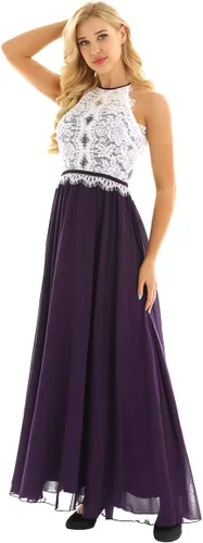 Vista 5 de iEFiEL Vestido de noche de gasa con cuello redondo y encaje en línea A para mujer