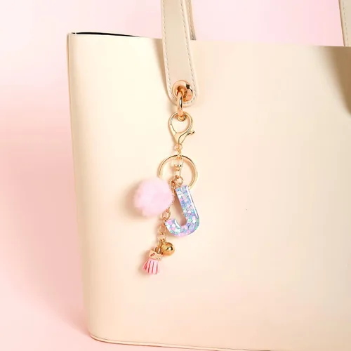 Vista 4 de Resin Alphabet Initial Letter Keychain Keyring for Women Purse Handbags With Fur Ball Pom