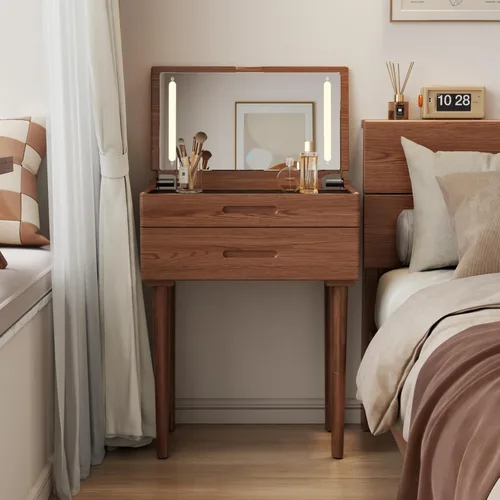 Vista 12 de Muwuele Escritorio pequeño de madera maciza con espejo y luces, tocador de maquillaje estrecho para espacios pequeños, mesa auxiliar de tocador