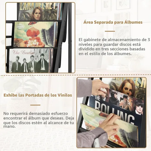 Vista 3 de Bikoney Soporte para Tocadiscos, Soporte para Tocadiscos con Almacenamiento de Discos de Vinilo de 3 Niveles, Mesa para Tocadiscos de Hasta 200