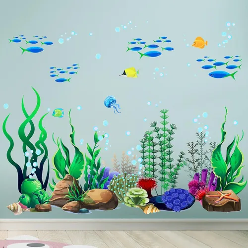 Vista 2 de Zonon Calcomanías de pared bajo el mar, arrecife de coral y algas marinas, calcomanías de pared de océano, calcomanías de decoración submarina