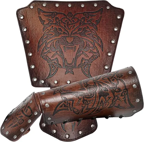Vista 2 de HiiFeuer Guantelete vikingo Fenrir medieval, de piel sintética, armadura de caballero, disfraz LARP de Halloween