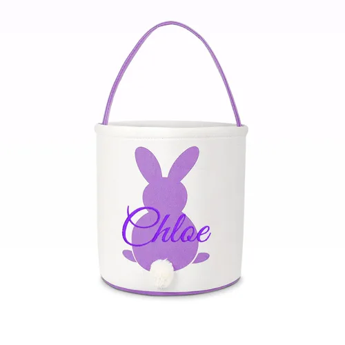 Vista 8 de Cesta de lona de Pascua personalizada con asa, cubo de huevo y conejo, color azul