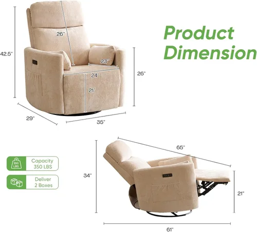 Vista 2 de Sillón reclinable eléctrico de gran tamaño con masaje y calor, sillón reclinable giratorio con reposacabezas ajustable, silla reclinable planeadora