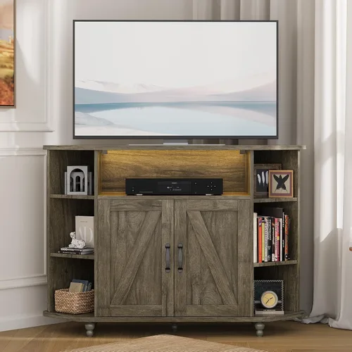 Vista 9 de 4 EVER WINNER Soporte de TV esquinero, gabinete de TV esquinero estilo granja con luces LED para TV de 50 pulgadas, estantes ajustables, soporte