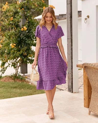 Vista 9 de BTFBM Elegantes vestidos de verano de manga corta con cuello en V y lunares suizos para mujer, vestidos largos bohemios con volantes 2023, vestido