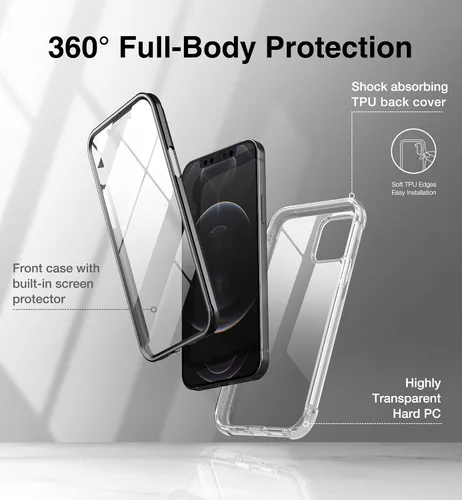Vista 5 de SURITCH Funda transparente para iPhone 12/iPhone 12 Pro de 6.1 pulgadas, [protector de pantalla integrado] cubierta protectora de cuerpo completo a