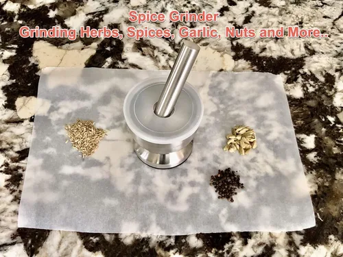 Vista 2 de Juego de mortero y mortero, molinillo y trituradora de acero inoxidable con tapa de silicona, excelente como trituradora de píldoras, molinillo
