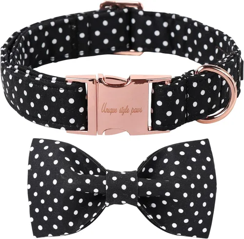 Vista 22 de Unique style paws Collar de perro de algodón con lazo, collar para cachorro con cuadrícula negra y azul para perros pequeños, medianos y grandes