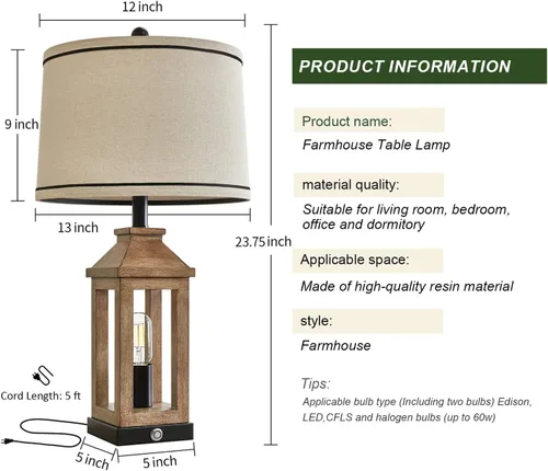 Vista 7 de G-SAFAVA Lámparas de mesa de granja de 23.75 pulgadas, puertos de carga USB A+C, lámpara de control táctil regulable de 3 vías, luz nocturna