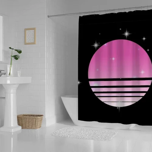 Vista 2 de Kuizee Synthwave Cyberpunk - Cortina de ducha para baño, 60 x 72 pulgadas, con 12 ganchos Synthwave Cyberpunk Sun Starry Sky Black Bañeras