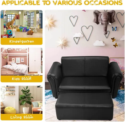 Vista 6 de INFANS Sofá infantil de 2 asientos con reposapiés, construcción de madera resistente, sillón con reposabrazos para niños en edad preescolar, sofá
