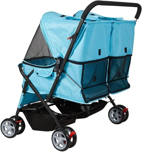 Vista 4 de Cochecito de mascotas plegable doble perro gato carro de viaje, varios colores azul