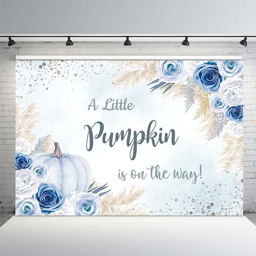 Vista 2 de MEHOFOND Fondo bohemio de calabaza para baby shower, decoración de fiesta de otoño de 7 x 5 pies, pancarta de Acción de Gracias, fotografía de Azul