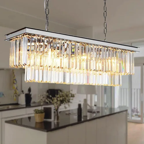 Vista 17 de Lámpara de Araña Moderna de Cristal K9, Luminaria Colgante de Techo Rectangular con 8 Luces para Comedor y Cocina, Acabado en Cromo, L33.5 Pulgadas