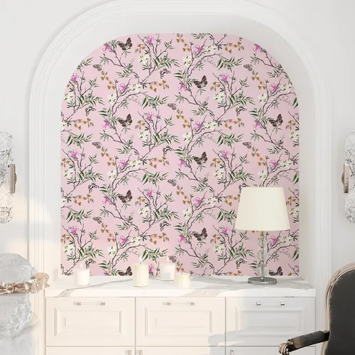 Vista 6 de VEELIKE Papel tapiz de estilo chinoiserie rosa con diseño de mariposas para dormitorio, habitación de niñas, 17.7 x 118 pulgadas, papel de contacto