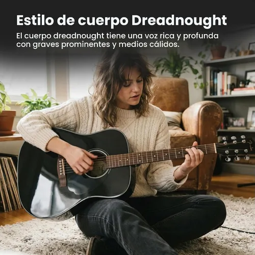 Vista 3 de Fender CD-60 Dreadnought - Guitarra acústica - Paquete negro con estuche duro, correa, afinador, cuerdas, púas, libro de instrucciones, lecciones