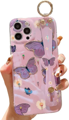 Vista 7 de Funda para iPhone 14 Pro Max con correa para la muñeca, función atril con purpurina de dibujos animados IMD de silicona TPU a prueba de golpes
