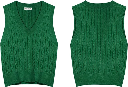 Vista 5 de HOCOSIT Chaleco de punto con cuello en V para mujer, estilo preppy a cuadros, sin mangas, suéter corto