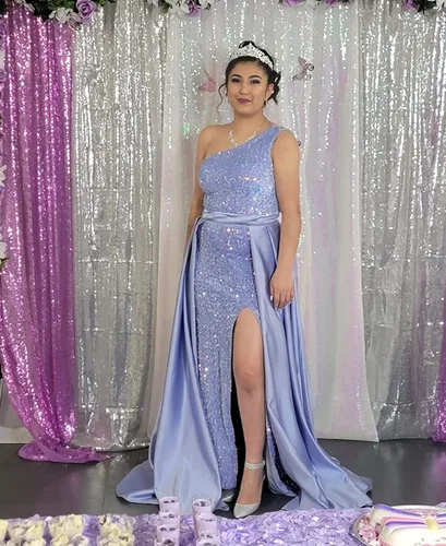 Vista 2 de Dymaisei Vestido de fiesta de lentejuelas de un hombro para mujer, vestido largo de satén 2023, vestido de noche formal con abertura
