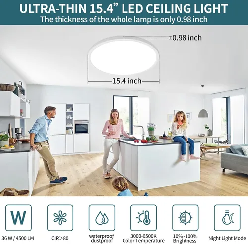 Vista 2 de Modernas lámparas LED de techo regulables con control remoto, montaje empotrado ultrafino de 15.4 pulgadas con luz nocturna, 36 W, 4500 LM