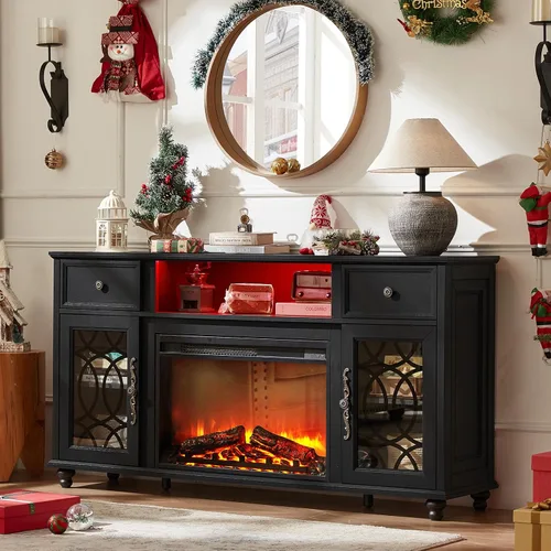 Vista 2 de Joaxswe - Soporte de TV estilo rústico con chimenea, centro de entretenimiento de 59 pulgadas con chimenea eléctrica y luces LED para televisores