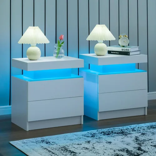Vista 19 de Juego de 2 mesitas de noche LED negras, juego de 2 mesitas de noche modernas con 2 cajones, mesa auxiliar con luces LED para dormitorio, sala