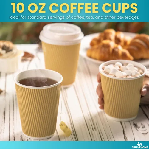 Vista 3 de Tazas de café desechables con tapas, tazas de papel de 10 onzas, pared ondulada aislada, paquete de 50