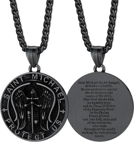 Vista 13 de FaithHeart Collar de San Miguel, acero inoxidable, chapado en oro de 18 quilates, amuleto colgante de San Miguel Arcángel para hombres y mujeres