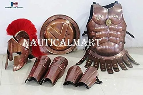 Vista 2 de NauticalMart Medieval King Spartan Cobre 300 Casco WRed Plume Muscle Jacket Leg Brazo Protectores
