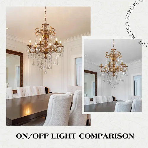 Vista 7 de Candelabros de cristal de bronce antiguo de lujo con lámpara colgante de vela, lámpara de techo de 6 luces de cristal dorado para comedor, sala