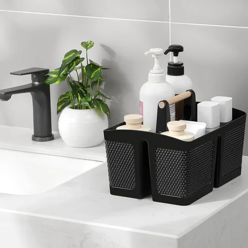 Vista 2 de rejomiik - Cesta portátil para ducha de plástico, organizador de limpieza con asa, organizador de almacenamiento portátil con asa para baño, Negro