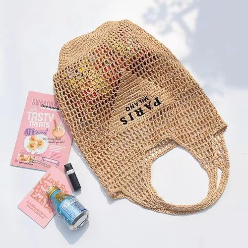 Vista 4 de IBower Bolsa tejida de paja para mujer, bolsa de playa de malla de paja, bolsa de hombro, plegable, de gran capacidad, para días festivos y fiestas