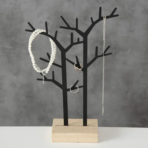 Vista 4 de WHW Whole House Worlds Organizador de joyas del árbol de la vida, ramas de metal negro, base de galería de madera, parte superior del aparador