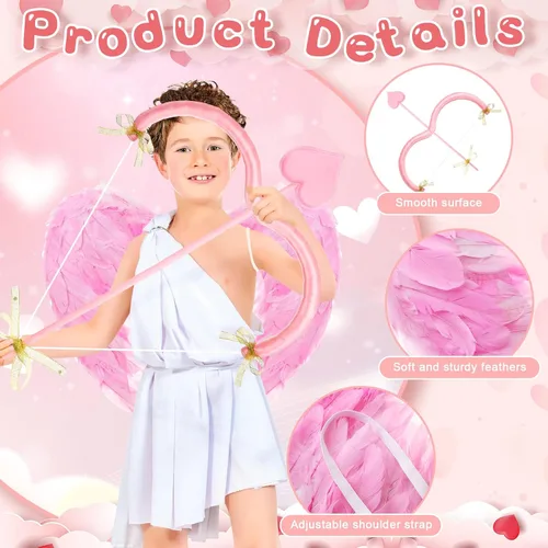 Vista 5 de Leitee Juego de disfraz de Cupido para el día de San Valentín, con lazo, kit de accesorios de disfraz de cupido, alas y flechas para niñas