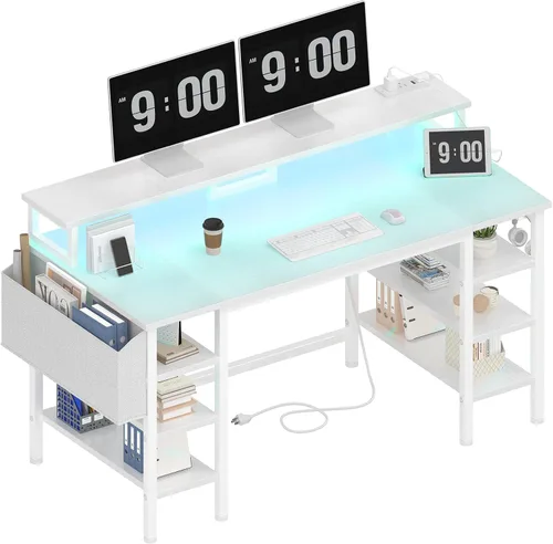 Vista 10 de Lufeiya - Escritorio para juegos con luces LED y estantes de almacenamiento, escritorio de computadora de 47 pulgadas con enchufes de corriente