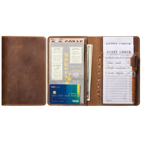 Vista 8 de CoBak Libreta para servidores de alta calidad: organizador de cartera de camarero de 5.12 x 7.91 pulgadas en piel auténtica, con 8 bolsillos