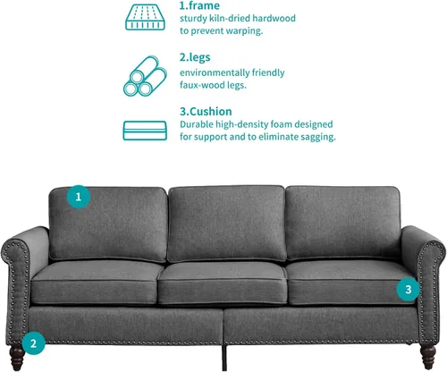 Vista 6 de BALUS Juego de sofás y sofá biplaza para sala de estar, sofás para sala de estar con patas de sofá de madera, juegos de sofá y sofá biplaza con Gris