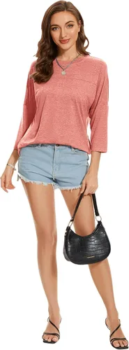 Vista 128 de ZENNILO Camisetas casuales de manga 3/4 para mujer, holgadas, cuello redondo, lindas camisetas básicas