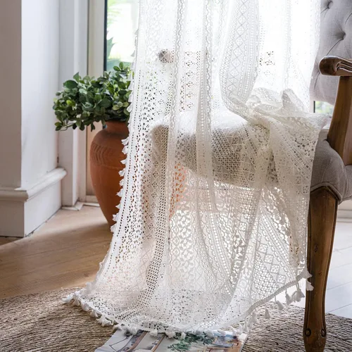 Vista 27 de WAZZIO Cortinas de Encaje, Cortina Boho de Crochet para Dormitorio, Cortinas de Café de Algodón, 45 Pulgadas de Largo, 2 Paneles con Bolsillo