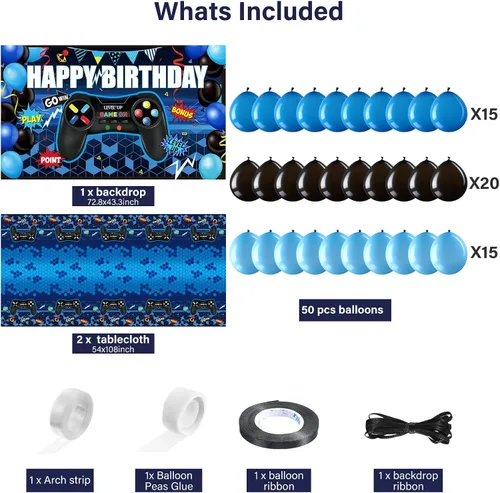 Vista 3 de Tatuo Decoraciones de cumpleaños de videojuegos para niños, decoración de Azul