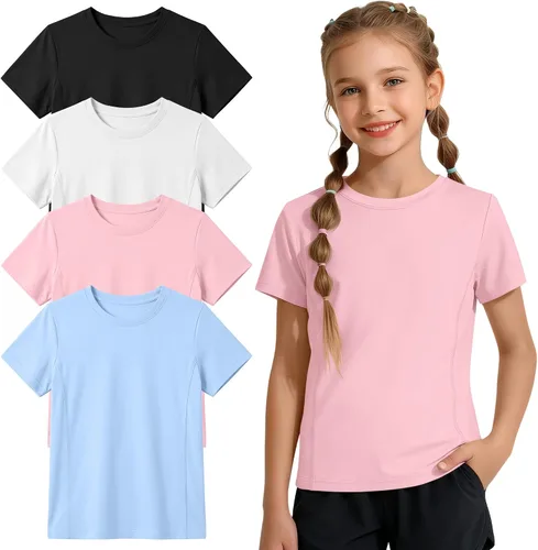 Vista 6 de Paquete de 4 camisetas atléticas de manga corta para niñas, de secado rápido, camisetas activas de verano con cuello redondo y ropa deportiva